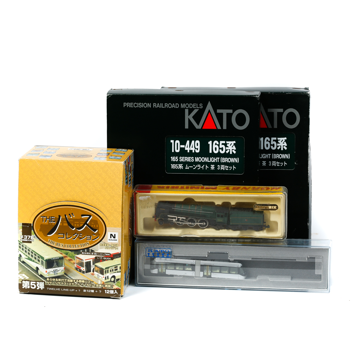 3x N gauge railway train packs in Japanese outline by Kato, Japan. 2x 165 Series 3-car train packs