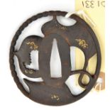 A Japanese tsuba, signed Bushu Zu Kinai Soku, gold wire inlay. GC