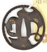 A Japanese tsuba, signed Bushu Zu Kinai Soku, gold wire inlay. GC