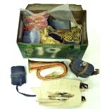 A modern copper and brass bugle, an RAF water bottle with leather harness, a pair of RAF puttees,