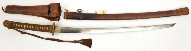 A Japanese WWII katana, signed blade 26¼” with stamp and signed Kanetoshi in military mounts with