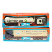 3x Tekno 1:50 scale articulated tractor units with trailers. A refer trailer, Harding the Sons,