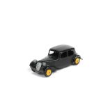 French Dinky Citroen 11BL (24N). An example in satin black with yellow wheels and black tyres. VGC