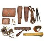 3 Sam Browne belts, one with cross strap; 2 pairs leather knee length gaiters; 2 webbing waistbelts;
