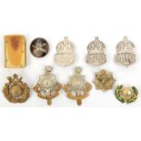 3 cap badges: R Sussex (2), RMLI (brooch pin); 3 sweetheart brooches: silver and tortoiseshell