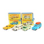 4 Matchbox Series Vehicles. No.3c Mercedes Ambulance. No.12c Land Rover Safari with blue body, brown