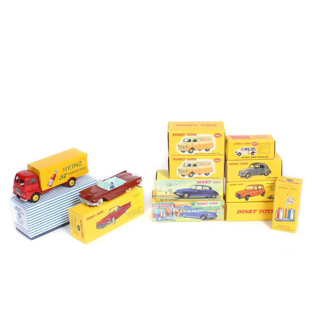 11 Atlas Dinky Toys. Guy Van 'HEINZ' (920), Morris Mini Traveller (197). Swiss Postal Volkswagen (