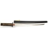 A Japanese sword wakizashi, unsigned blade 19” c 1800, slender straight blade, cat scratch habaki,