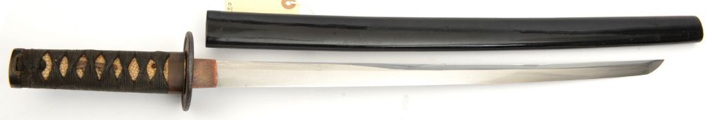 A Japanese sword wakizashi, unsigned blade 19” c 1800, slender straight blade, cat scratch habaki,