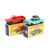 2 Matchbox Series Vehicles. No.56 Fiat 1500. In sea green, with red interior, brown luggage and B.