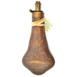 An embossed copper gun sized powder flask, “Foliage” (Riling 667), with common top. GO & C (one