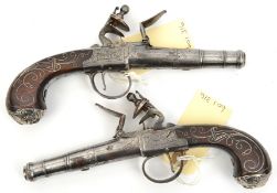 A pair of silver mounted 50 bore cannon barrelled flintlock boxlock pocket pistols, by (John)