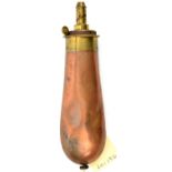 A Colt type bag shaped copper powder flask, 7” overall, with patent top, by G & J W Hawksley,