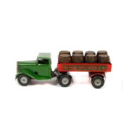 Tri-ang Minic articulated brewery lorry and trailer (72M). A post-war example with green cab, red