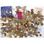 A quantity of lapel badges “sweethearts”, tie pins, etc, many enamelled, military, RAF, CD,