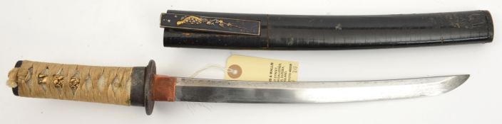 A small Japanese sword wakizashi, unsigned blade 11” c 1800, modern menuki and kodsuka. Ribbed black