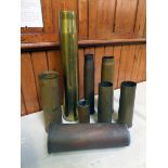 8 various brass shell cases: 4.5” marked “RLII” and dated 1905; 3.7” dated 1939; 6pr dated 1943;