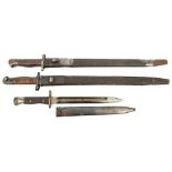 A Thai Mauser bayonet, with stamp at forte, grips secured with rivets, in steel scabbard; 2 P1907