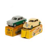 Dinky Toys Riley Saloon (40a/158). An example in cream with green wheels and black rubber tyres.