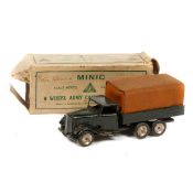 Tri-ang Minic 6-wheel Army Canvas Tilt Lorry (69M CF). An example in olive green with fixed canvas