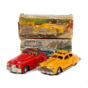 2 Tri-ang Minic cars with plastic bodies. A Sports Car in red with working horn. Together with a