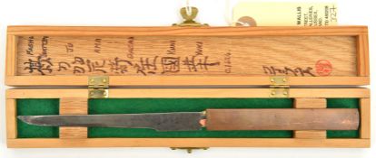 A Japanese knife kodsuka, signed blade 4½”, housed in a hinged case with translation in lid and