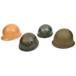 4 French (?) military helmets, including WWII fibre for tank crew (incomplete), US type steel with