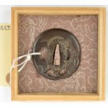 A Japanese tsuba, signed Kanefusa. Design of a rat, GC, in a case