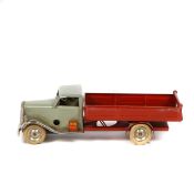 Tri-ang Minic Tipper Lorry (23M). A pre-war example with grey cab, red back, white tyres and