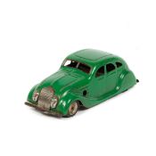 Tri-ang Minic Streamline Saloon (9M). A pre-war first series example in green with black tyres. GC-