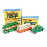 3 Matchbox Series Vehicles. No.64b MG 1100 in green with B.P.W. No.68b Mercedes Coach in orange