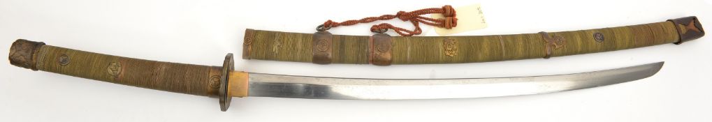A Japanese boy’s tachi, blade 20¾” mounted in tourist style showing tokigowa mon, rosettes and metal