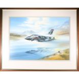 A watercolour painting of an RAF Tornado fighter/bomber by Wilf Hardy. In high speed low level