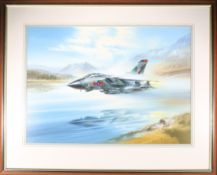 A watercolour painting of an RAF Tornado fighter/bomber by Wilf Hardy. In high speed low level