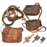 3 leather cartridge bags with shoulder straps (worn), 3 leather cartridge belts for 12 bore
