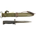 A US M5 bayonet (1955), with pin and locking stud, in its scabbard with webbing belt loop, and