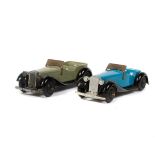 2 Dinky Toys British Salmson. A 2 seater (36e) in mid blue and a 4 seater (36f) in grey, both with