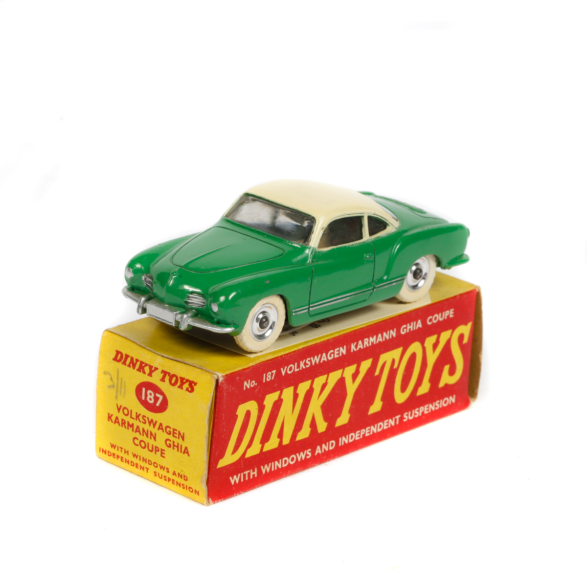 Dinky Toys Volkswagen Karmann Ghia (187). An example in green and cream, with spun wheels and