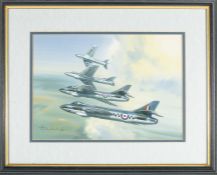 A watercolour painting comprising a Squadron of Hawker Hunter aircraft by Wilf Hardy. 4 in formation