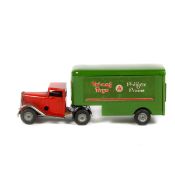 Tri-ang Minic articulated pantechnicon (30M). A post-war example with red cab, green body, diecast