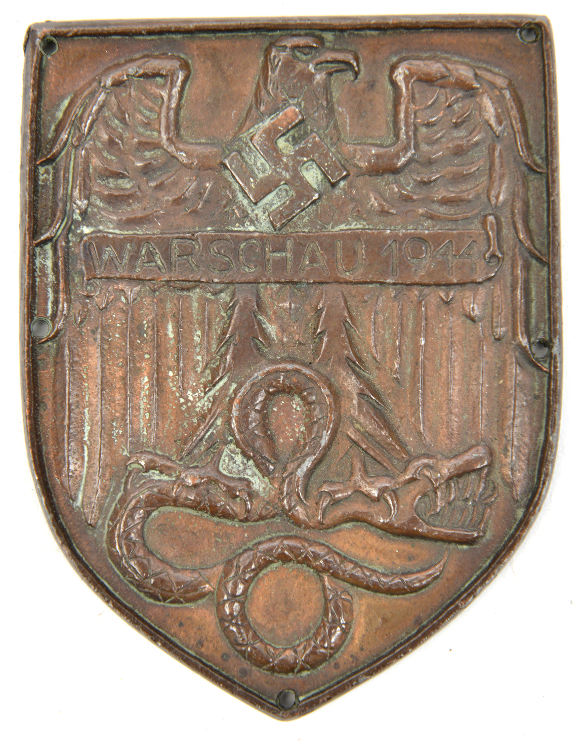 A bronzed cast lead example of the Warsaw shield, pierced around the edge with 4 small holes for