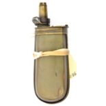 A late 18th century 2 way pistol flask, with unusual horn body, brass edge bound, with plain nozzle,