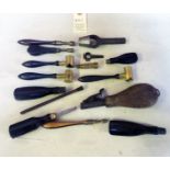 Various gun tools: 3 adjustable brass powder measures, all graduated fro 2½” - 3½” drams, with ebony