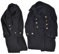 A quantity of uniform: 2 ERII Chelsea Pensioners blue coats; 6 tartan plaids; 4 pr overalls