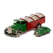 2 Tri-ang Minic vehicles. A Refuse Truck in green and red. Together with a miniature clockwork