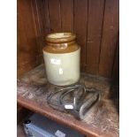 PAIR OF STIRRUPS & EARTHENWARE JAR