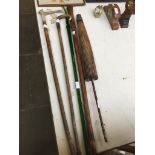 SELECTION OF WALKING STICKS TO INCLUDE A TWIST GLASS CANE, ONE WITH HALLMARKED SILVER COLLAR,