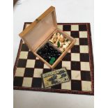 UNMARKED WOODEN CHESS SET IN BOX, BOARD AND DRAUGHTS PIECES C