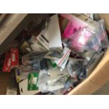 LARGE BOX CONTAINING CHARGERS, BATTERIES, SPARE PARTS ETC.