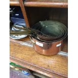 SET OF FIVE COPPER AND BRASS PANS